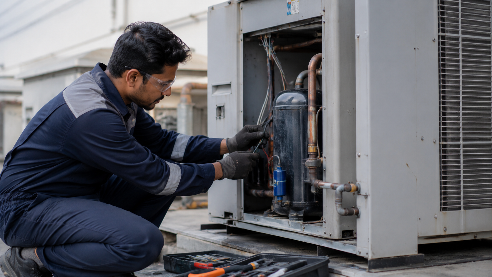 Technician repairing industrial HVAC unit